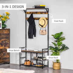 3-in-1 Coat Rack Stand with Shoe Storage Bench and 9 Hooks - Stylish Brown and Black 180cm for Entryway, Bedroom, Living Room