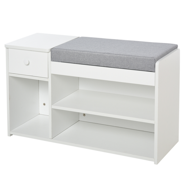 Multi-Storage Shoe Bench with Drawer & Cushioned Seat - 3 Compartments for Home Organisation, Tidy Boots, Hallway Entryway in White