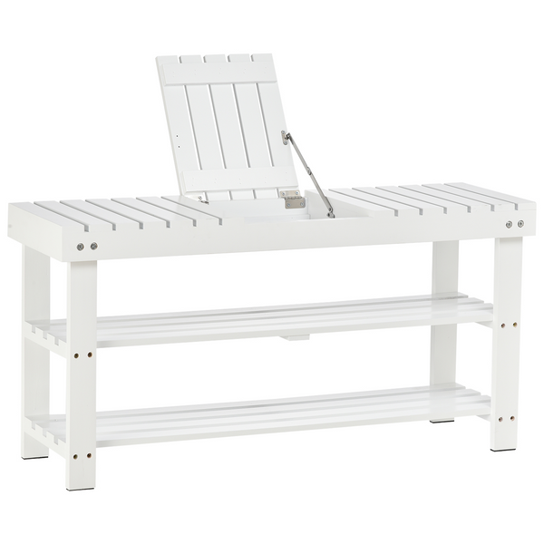 3-Tier Wooden Shoe Bench with Hidden Storage, Slatted Shelves, White - Hallway Furniture, 90L x 29W x 45H cm