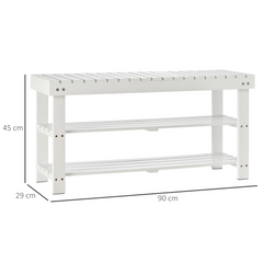 3-Tier Wooden Shoe Bench with Hidden Storage, Slatted Shelves, White - Hallway Furniture, 90L x 29W x 45H cm