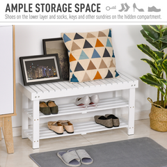 3-Tier Wooden Shoe Bench with Hidden Storage, Slatted Shelves, White - Hallway Furniture, 90L x 29W x 45H cm