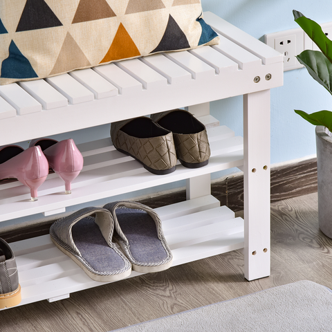 3-Tier Wooden Shoe Bench with Hidden Storage, Slatted Shelves, White - Hallway Furniture, 90L x 29W x 45H cm