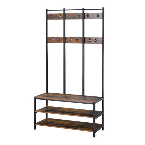 Industrial Style Hall Tree Coat Rack Stand with Bench & Shoe Storage, Rustic Brown & Black, 100cm x 40cm x 184cm