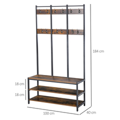 Industrial Style Hall Tree Coat Rack Stand with Bench & Shoe Storage, Rustic Brown & Black, 100cm x 40cm x 184cm