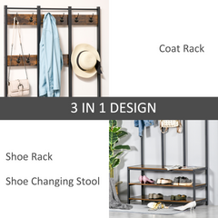 Industrial Style Hall Tree Coat Rack Stand with Bench & Shoe Storage, Rustic Brown & Black, 100cm x 40cm x 184cm