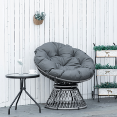 360° Swivel Rattan Papasan Chair - Oversized Grey Moon Bowl Lounge Seat with Padded Cushion for Outdoor & Indoor Use