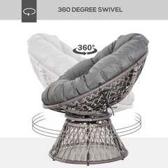 360° Swivel Rattan Papasan Chair - Oversized Grey Moon Bowl Lounge Seat with Padded Cushion for Outdoor & Indoor Use