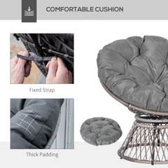 360° Swivel Rattan Papasan Chair - Oversized Grey Moon Bowl Lounge Seat with Padded Cushion for Outdoor & Indoor Use