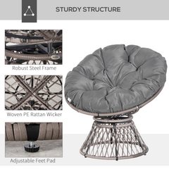 360° Swivel Rattan Papasan Chair - Oversized Grey Moon Bowl Lounge Seat with Padded Cushion for Outdoor & Indoor Use