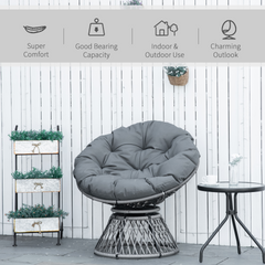 360° Swivel Rattan Papasan Chair - Oversized Grey Moon Bowl Lounge Seat with Padded Cushion for Outdoor & Indoor Use