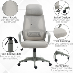 Grey Ergonomic Office Chair - High Mesh Back, Adjustable Height, Swivel Base & Wheels