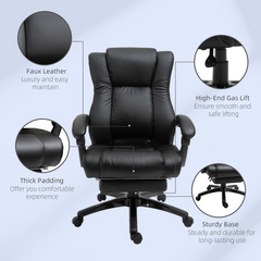 Executive Home Office Chair Swivel High Back Recliner PU Leather Ergonomic Chair with Footrest, Wheels, Adjustable Height - Black