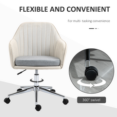 Leisure Office Chair Linen Fabric Swivel Scallop Shape Computer Desk Chair Home Study Bedroom with Wheels, Beige