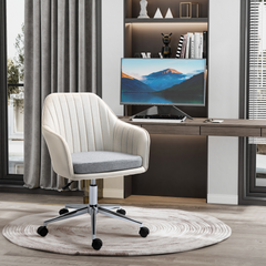 Leisure Office Chair Linen Fabric Swivel Scallop Shape Computer Desk Chair Home Study Bedroom with Wheels, Beige