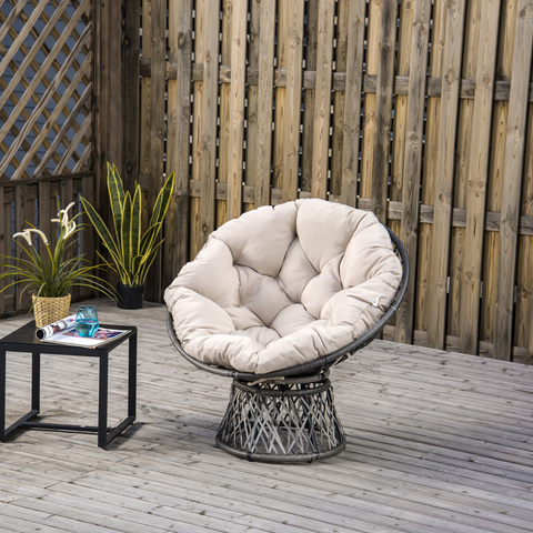 360° Swivel Rattan Papasan Moon Bowl Chair - Oversized Round Lounge Wicker Basket Seat with Padded Cushion for Indoor & Outdoor Comfort