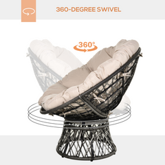 360° Swivel Rattan Papasan Moon Bowl Chair - Oversized Round Lounge Wicker Basket Seat with Padded Cushion for Indoor & Outdoor Comfort