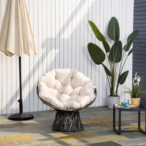 360° Swivel Rattan Papasan Moon Bowl Chair - Oversized Round Lounge Wicker Basket Seat with Padded Cushion for Indoor & Outdoor Comfort