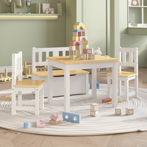 4 Piece Children's Table and Chair Set - White and Beige MDF - Perfect for Play, Crafts, and Study