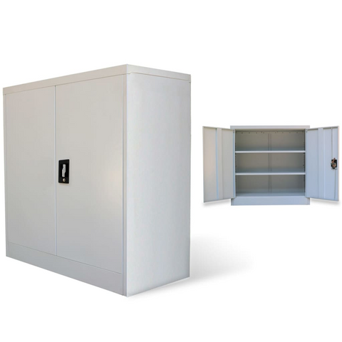 Grey Steel Office Cabinet with 2 Adjustable Shelves, 90 cm - Secure & Stylish Storage Solution