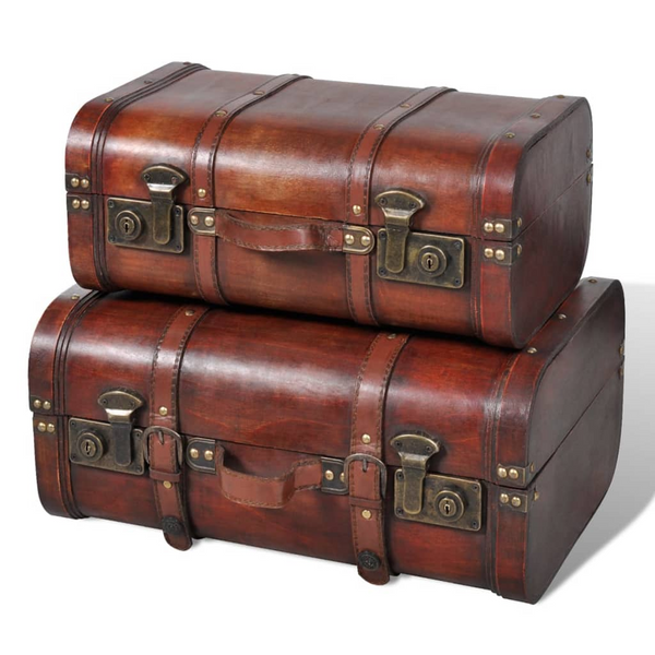 Vintage Style Wooden Treasure Chest Set of 2 - Brown Storage Trunks for Home Decor and Organization