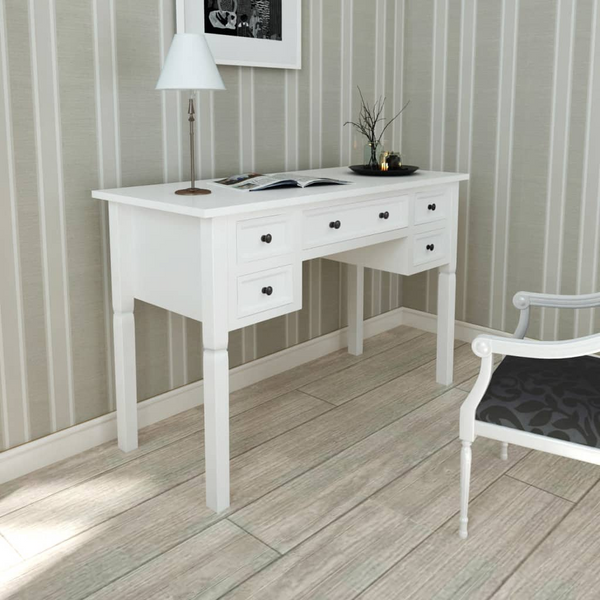 White Writing Desk with 5 Drawers - Elegant and Functional