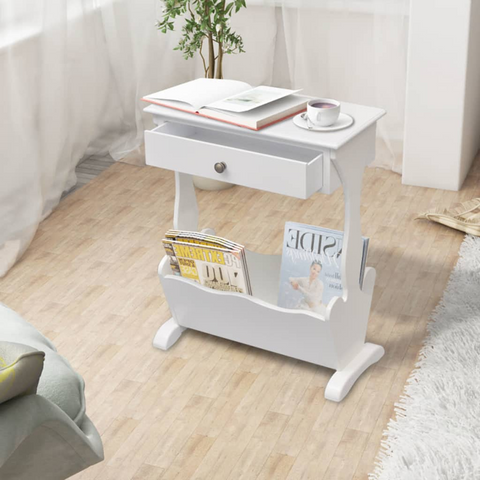 Stylish White Magazine Rack - Elegant Storage Solution with Drawer