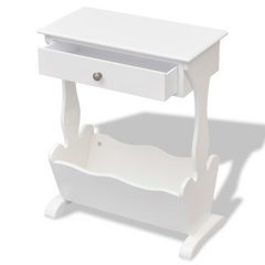 Stylish White Magazine Rack - Elegant Storage Solution with Drawer