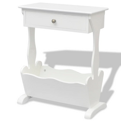 Stylish White Magazine Rack - Elegant Storage Solution with Drawer