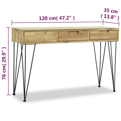 Solid Teak Console Table 120x35x76 cm with 3 Drawers and Iron Legs - Rustic Chic Design