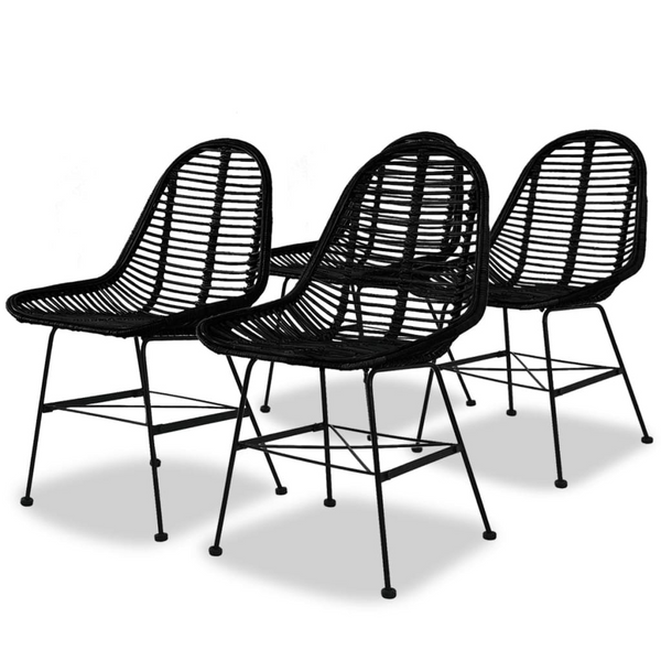 Set of 4 Black Natural Rattan Dining Chairs - Rustic Charm & Comfort