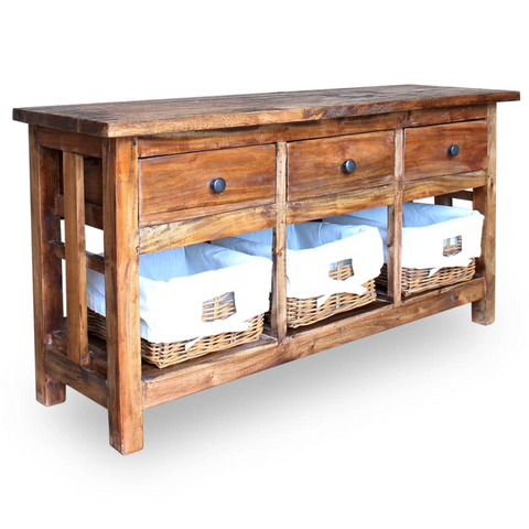 Rustic Mahogany Wood Sideboard with Rattan Baskets & Drawers - 100x30x50 cm