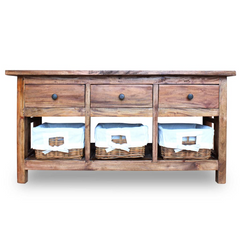 Rustic Mahogany Wood Sideboard with Rattan Baskets & Drawers - 100x30x50 cm