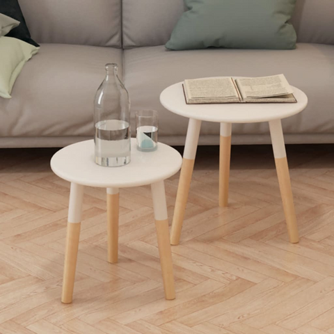 White Solid Pinewood Side Table Set - 2 Pieces, Modern Scandinavian Design, Easy Assembly