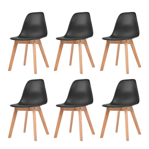 Set of 6 Black Plastic Dining Chairs with Wooden Legs - Modern and Ergonomic Design