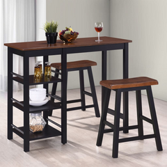 3-Piece Bar Set - Classic Black MDF & Rubberwood - Ergonomically Designed with Storage Shelves