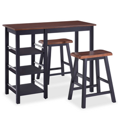 3-Piece Bar Set - Classic Black MDF & Rubberwood - Ergonomically Designed with Storage Shelves