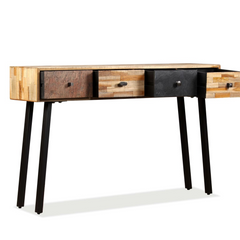 Vintage-Style Console Table | Solid Reclaimed Teak | 120x30x76 cm with 4 Drawers | Polished & Lacquered Finish