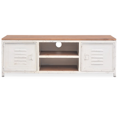 White TV Cabinet - Industrial Style, 120x30x40 cm, Sturdy Steel with Fir Wood Top