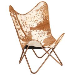 Elegant Butterfly Chair in Brown and White Genuine Goat Leather - Handmade Comfort