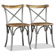 Set of 4 Solid Mango Wood and Steel Cross Back Dining Chairs - Industrial Style, Sturdy and Durable