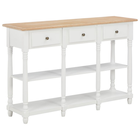 White Console Table with 3 Drawers and 2 Shelves - 120x30x76 cm, MDF & Solid Pine Wood