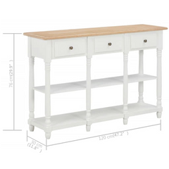 White Console Table with 3 Drawers and 2 Shelves - 120x30x76 cm, MDF & Solid Pine Wood