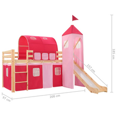 Children's Loft Bed Frame with Slide & Ladder - Pinewood 208x230cm - Princess-Themed Kids Bed