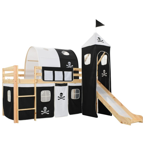 Pirate-Themed Children's Loft Bed Frame with Slide & Ladder - Pinewood Construction, 97x208 cm