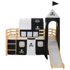 Pirate-Themed Children's Loft Bed Frame with Slide & Ladder - Pinewood Construction, 97x208 cm