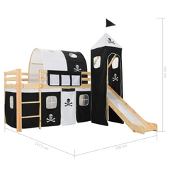 Pirate-Themed Children's Loft Bed Frame with Slide & Ladder - Pinewood Construction, 97x208 cm