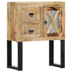 Solid Mango Wood Sideboard with Galvanised Steel Legs - 60x30x76 cm - Elegant Storage Cabinet with 1 Door and 2 Drawers