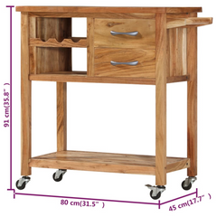 Solid Acacia Wood Kitchen Trolley - 80 x 45 x 91 cm, Multi-Purpose Storage Cart