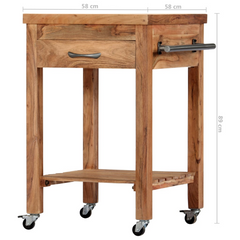 Solid Acacia Wood Kitchen Trolley 58x58x89 cm - Vintage Style with Drawer, Shelf & Towel Rack - Lockable Casters for Easy Mobility