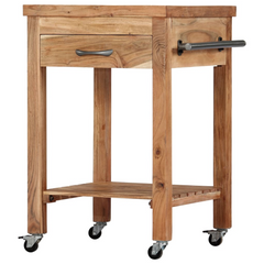 Solid Acacia Wood Kitchen Trolley 58x58x89 cm - Vintage Style with Drawer, Shelf & Towel Rack - Lockable Casters for Easy Mobility